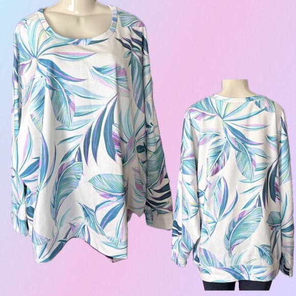 Torrid XL-1 Cream-Teal-Pink Leaf Print Crew Neck Raglan Long Sleeve Sweatshirt - Picture 1 of 7